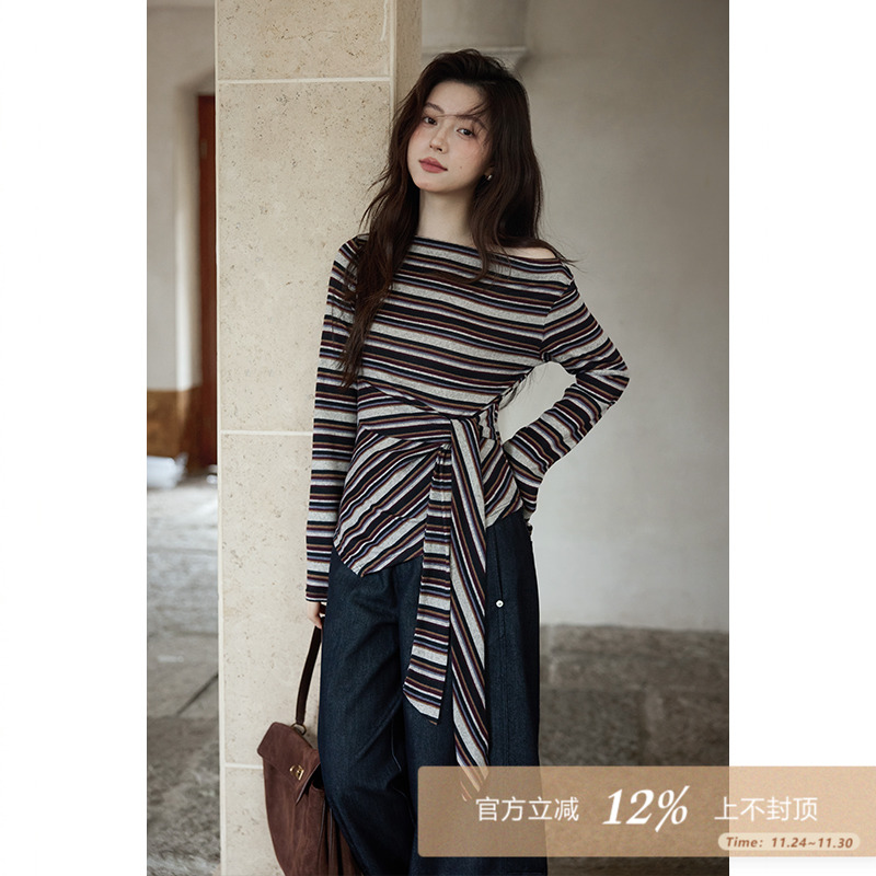 夕蒙2025新款秋韩系气质上衣小个子设计感斜肩洋气彩色条纹t恤女