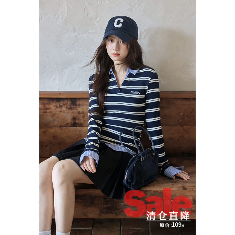 【清仓秒杀】春秋韩系气质上衣小个子设计感假两件条纹长袖t恤女