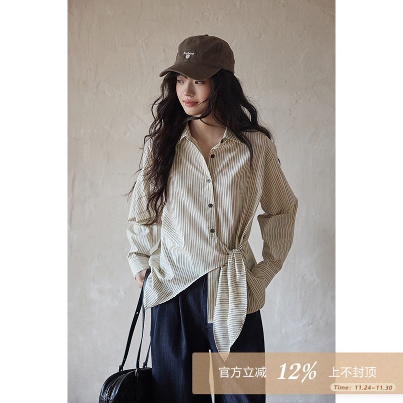 夕蒙2025新款秋韩系气质上衣小个子 独特漂亮小衫杏色条纹衬衫女