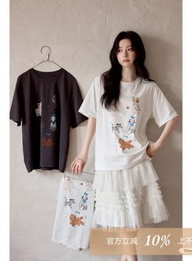 夕蒙2026新款夏季韩系漂亮上衣原创设计动物乐园印花白色短袖t恤