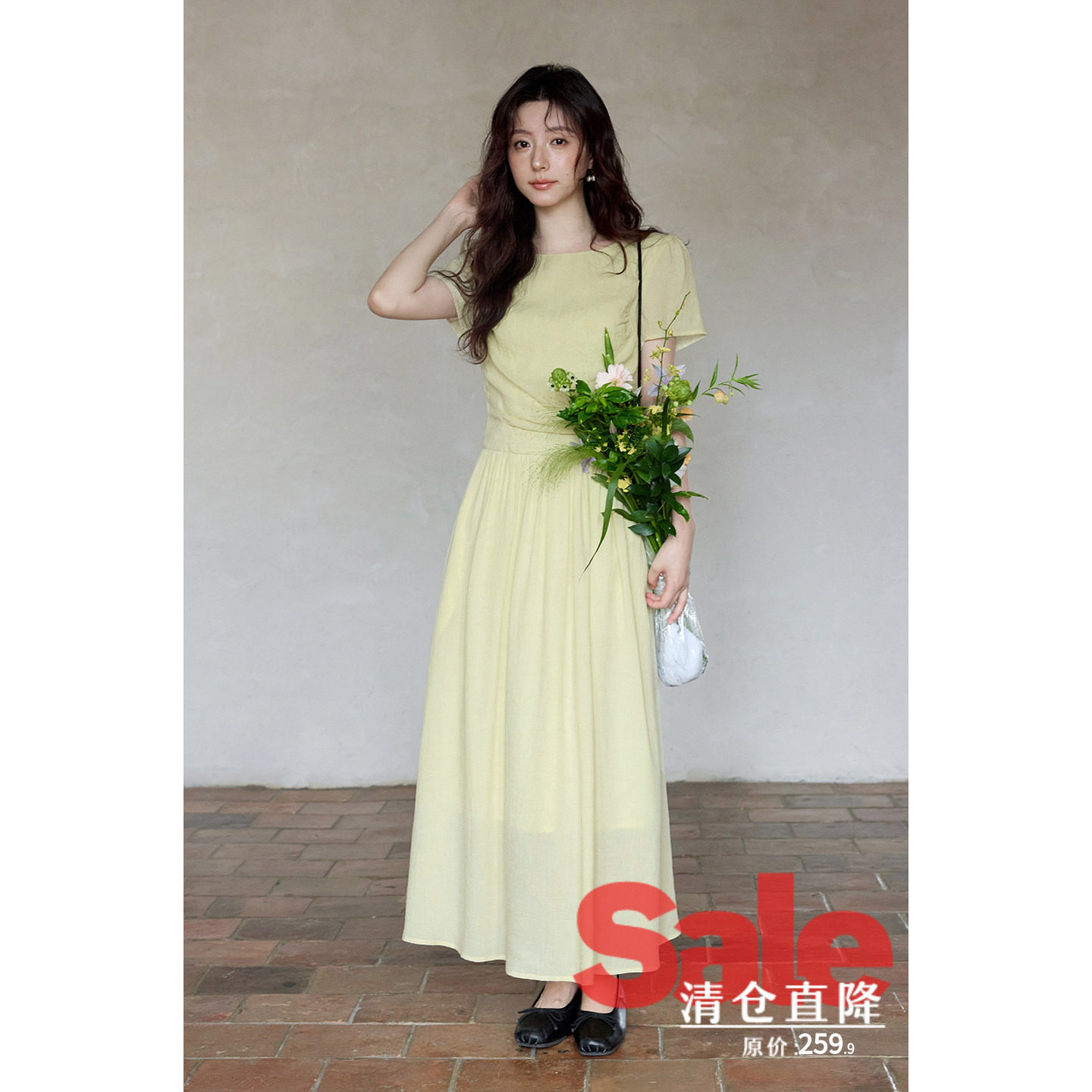 【夏末清仓】夏季韩系简单大方裙子长款黄色收腰显瘦短袖连衣裙女