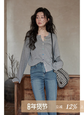 夕蒙2025新款秋韩系短款上衣小众小个子高级别致薄款灰色针织开衫