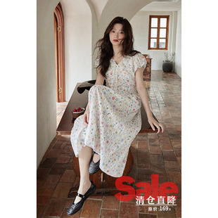 夏韩系气质复古裙子小个子绝美系带白色碎花连衣裙女 清仓秒杀