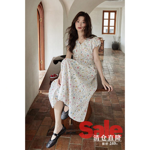【清仓秒杀】夏韩系气质复古裙子小个子绝美系带白色碎花连衣裙女