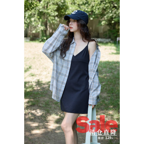 【夏末清仓】夏季韩系好看气质上衣通勤宽松蓝色格纹防晒衬衫外套