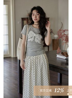 夕蒙2026新款夏季短袖圆领小个子内搭休闲正肩内搭灰色t恤上衣女