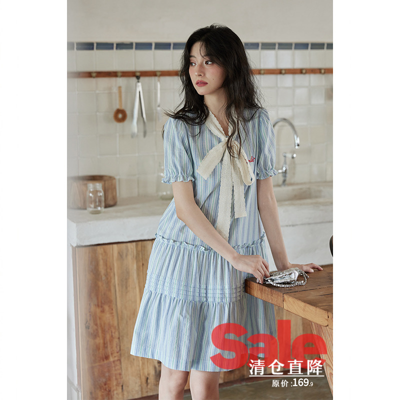 【清仓秒杀】夏法式气质蓝色条纹泡泡袖设计感小众蝴蝶结连衣裙女