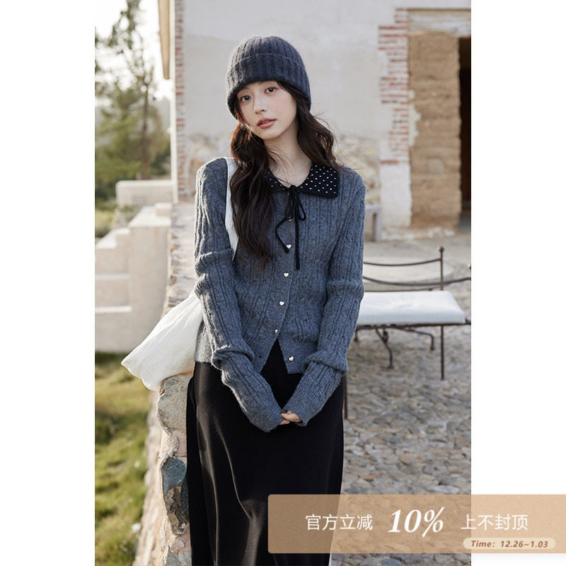 夕蒙2025新款冬季巨好看慵懒高级感独特针织衫小个子灰色开衫毛衣
