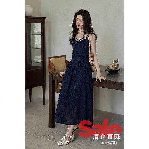 【清仓秒杀】夏冷淡系独特别致裙子设计感小众收腰藏蓝波点连衣裙
