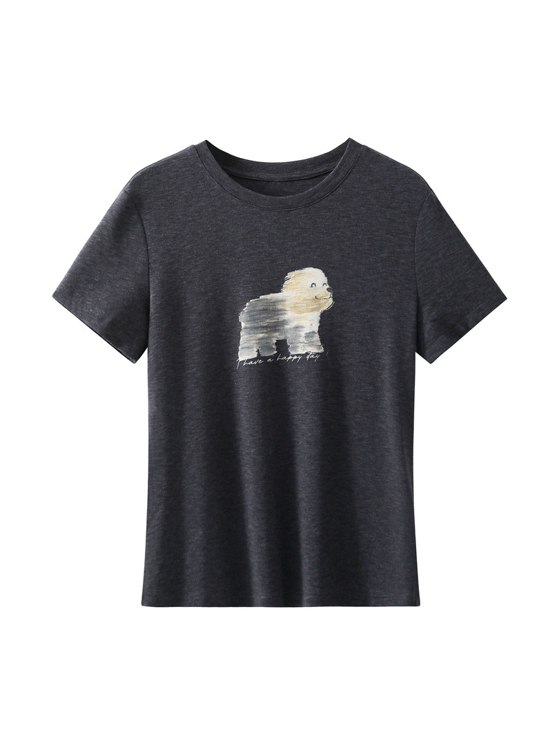 Dark gray graphic short-sleeve T-shirt with a dog print laid flat on a white background