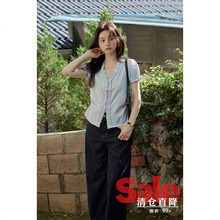 【清仓秒杀】夏韩系气质小个子小众设计感木耳边蓝色条纹短袖衬衫