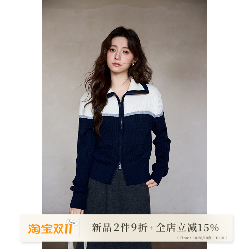 新品2件9折/秋冬韩系上衣小个子独特小众设计感藏蓝撞色毛衣外套