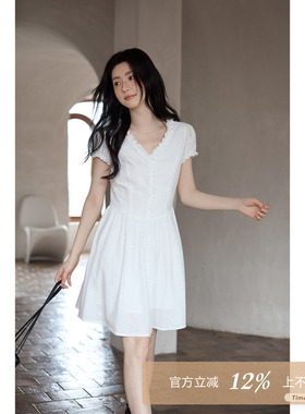 夕蒙2026新款春夏韩系气质温柔裙子木耳边白色v领短款a字连衣裙女