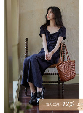 夕蒙2026新款夏蓝色法式茶歇气质小个子方领短袖收腰显瘦连衣裙