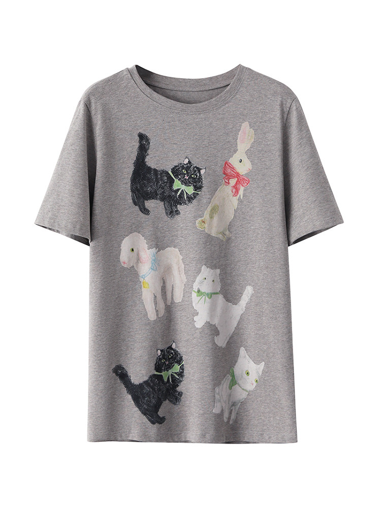 Gray short-sleeve T-shirt with cat and rabbit graphic print on a white background
