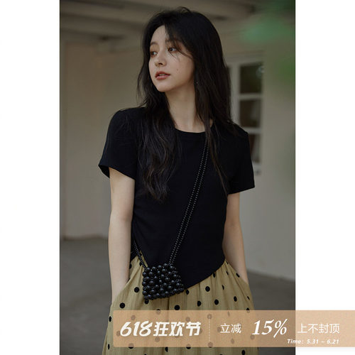 短袖黑色修身设计感不规则T恤女