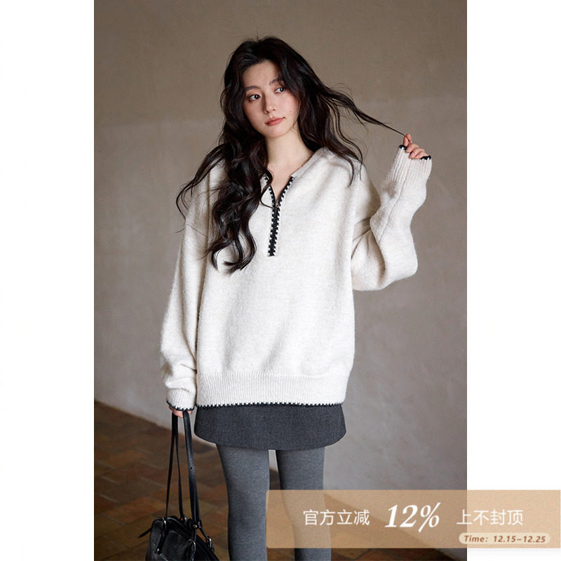 夕蒙2025新款冬季慵懒松弛感小个子独特小众高级套头连帽拉链毛衣