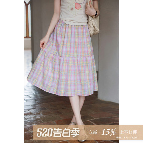 夕蒙2026新款夏季韩系好看气质灰裙子多巴胺粉色格纹a字半身裙女