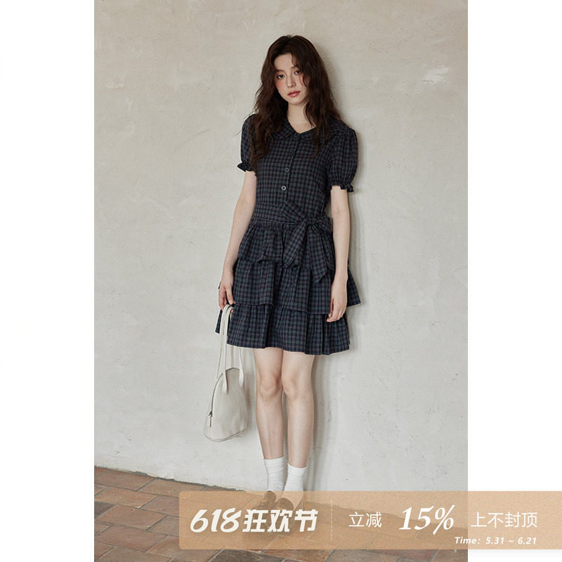 夕蒙2026新款夏韩系气质裙子流行独特小众设计感小个子格纹连衣裙