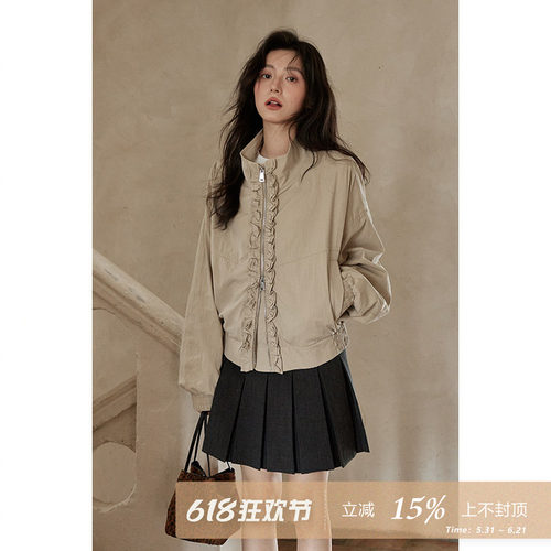 夕蒙2026新款春秋韩系慵懒时尚小众高级气质小个子拉链卡其色外套