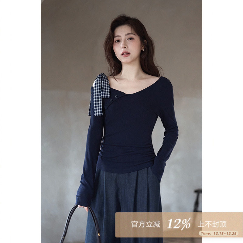 夕蒙2025新款秋韩系气质上衣小个子修身小众独特短款v领长袖t恤