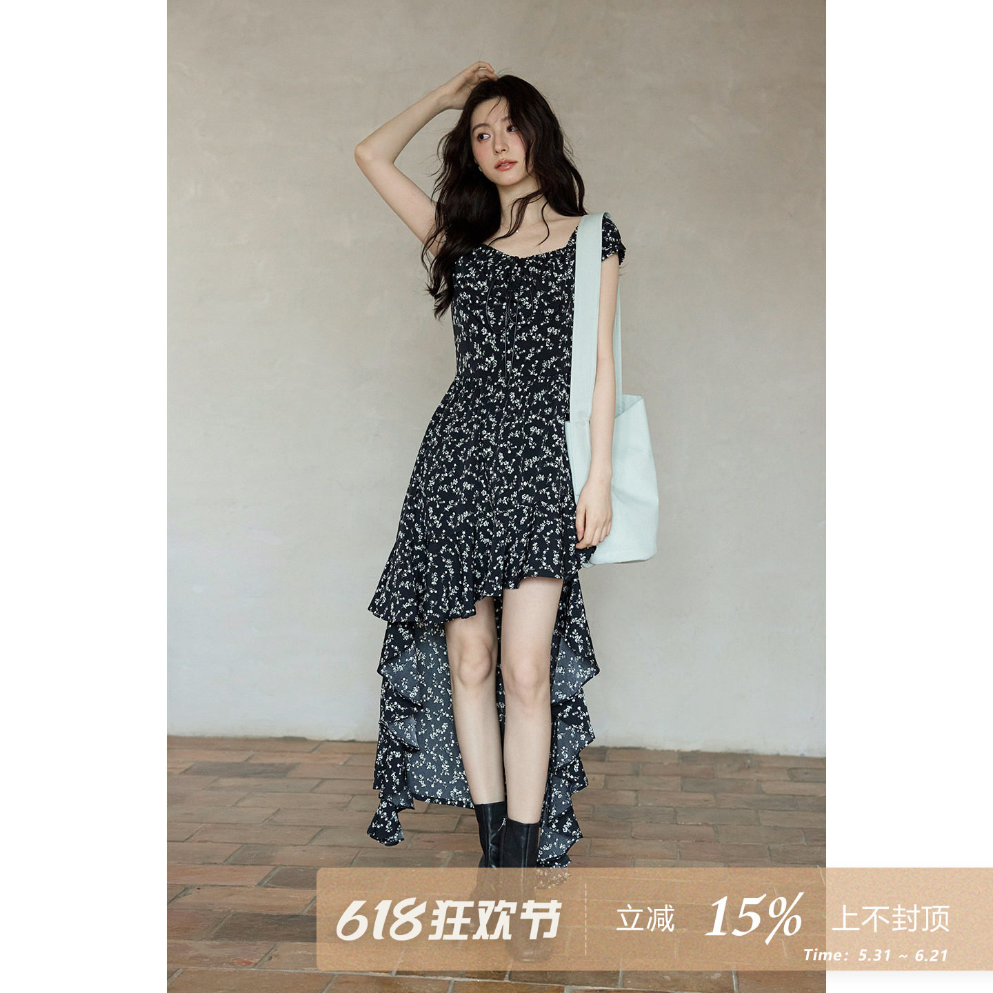 夕蒙2026新款夏季韩系漂亮绝美裙子黑色长款方领碎花荷叶边连衣裙