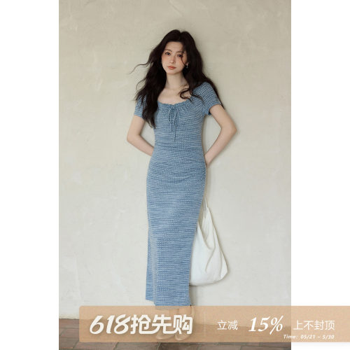 夕蒙2026新款夏季韩系绝美好看裙子蓝色波点收腰显瘦包臀连衣裙女