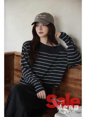 【清仓秒杀】秋韩系气质上衣小个子独特别致慵懒灰色条纹针织衫女