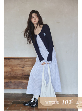 夕蒙2025新款秋季韩系气质小个子小众高级感藏蓝开衫吊带裙两件套