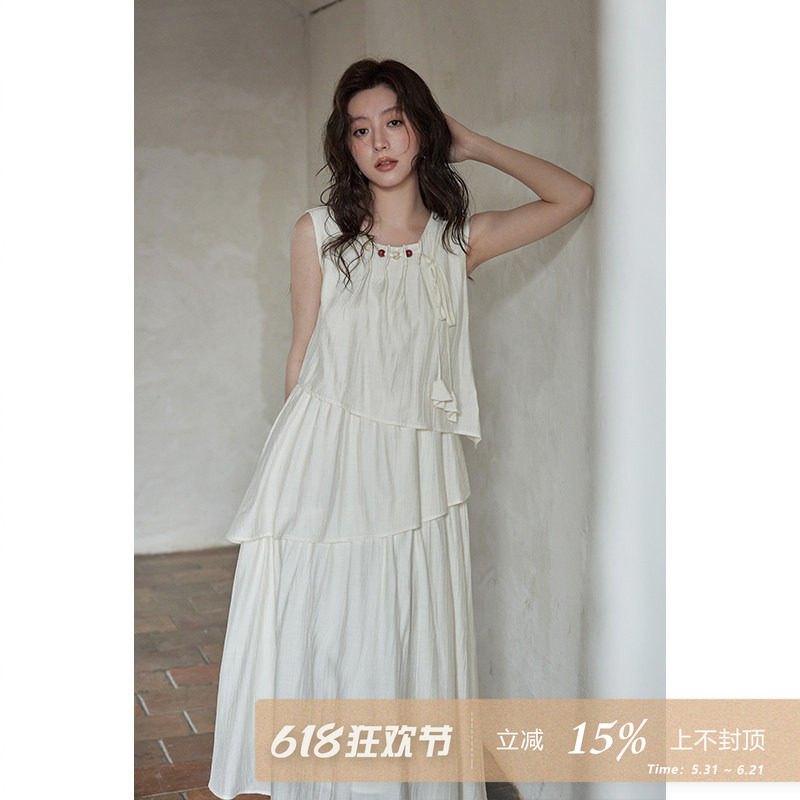 夕蒙2026新款夏气质裙子法式小个子无袖设计感小众不规则连衣裙女