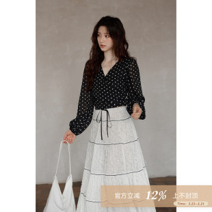 超好看黑色波点衬衫 韩系气质上衣小个子独特小衫 春季 夕蒙2026新款