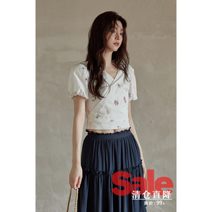 上衣小众绝美小个子白色短袖 夏韩系气质短款 v领衬衫 清仓秒杀