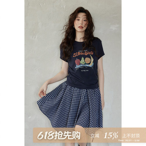 夕蒙2026新款夏设计感小众上衣短款减龄时尚高级藏蓝圆领短袖t恤