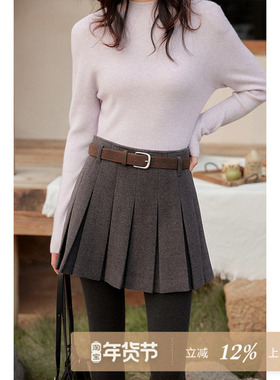 夕蒙2025新款冬季韩系气质小个子短裙绝美百褶裙灰色毛呢半身裙女