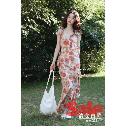【夏末清仓】夏季韩系绝美裙子海边度假长款v领不规则吊带连衣裙