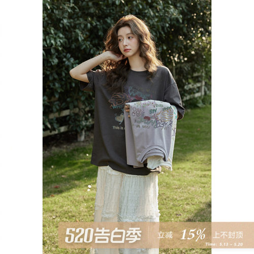 夕蒙2026新款夏韩系宽松慵懒风高级感上衣别致绝美小众短袖t恤女