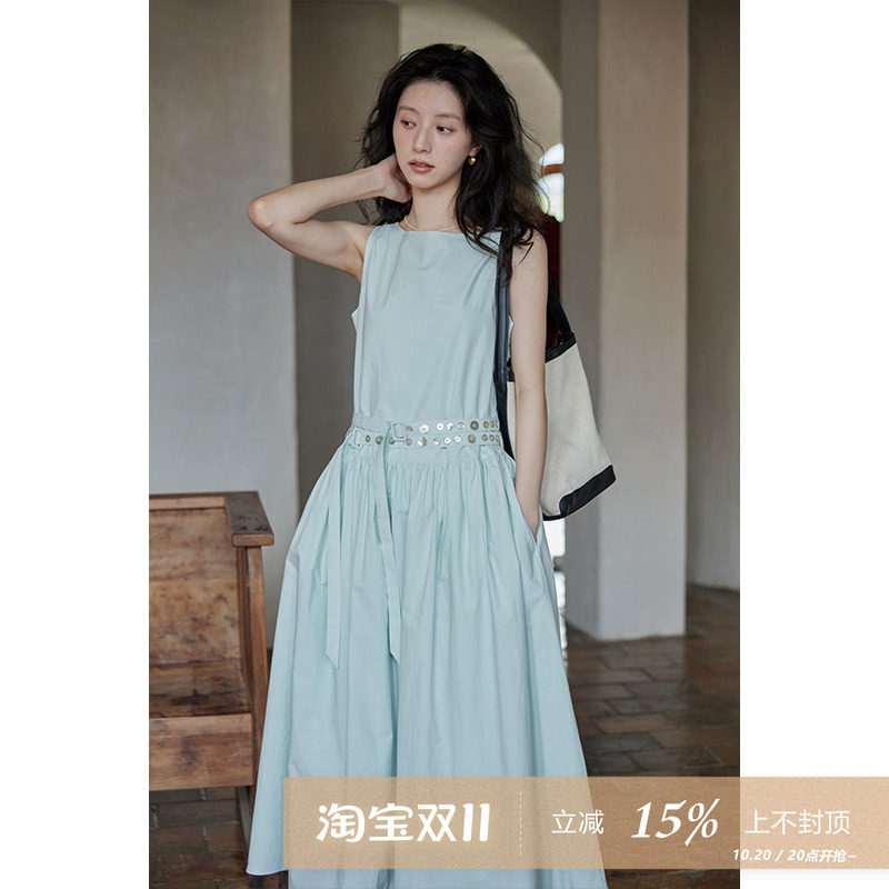 夕蒙2026夏设计感小众法式气质小个子无袖复古背心连衣裙女