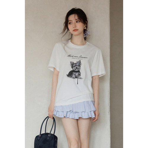 夕蒙2026新款春夏韩系气质上衣小众绝美独特小狗白色圆领短袖t恤