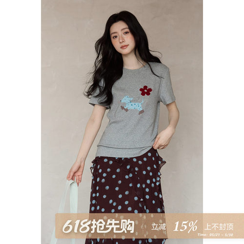 夕蒙2026新款春夏韩系休闲好看上衣原创设计刺绣灰色圆领短袖t恤