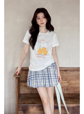 夕蒙2026新款夏季韩系好看上衣原创设计印花白色圆领正肩短袖t恤