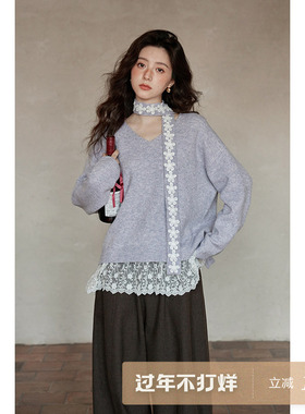 夕蒙2026新款冬季韩系慵懒风高级感独特小个子飘带紫色v领毛衣女