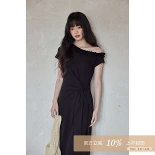 夕蒙2026新款 斜肩黑色连衣裙 夏气质裙子收腰小众独特别致高级修身