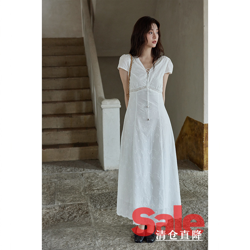 【清仓秒杀】夏韩系气质裙子小众独特别致绝美白色系带v领连衣裙