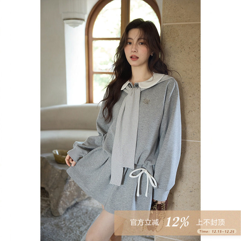 夕蒙2025新款秋韩系小众不撞款气质小个子裙子独特系带灰色连衣裙