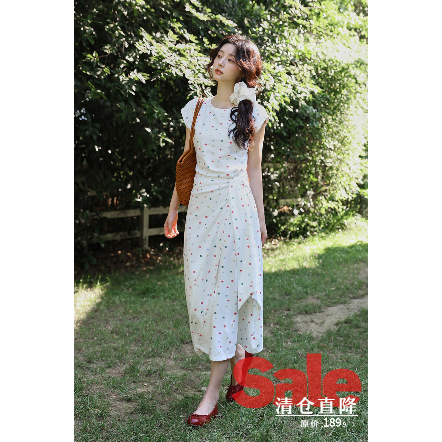 【夏末清仓】夏季韩系漂亮裙子长款修身绑带彩色波点小飞袖连衣裙图片