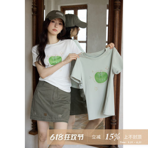夕蒙2026新款夏季韩系好看上衣休闲通勤白色圆领印花正肩短袖t恤