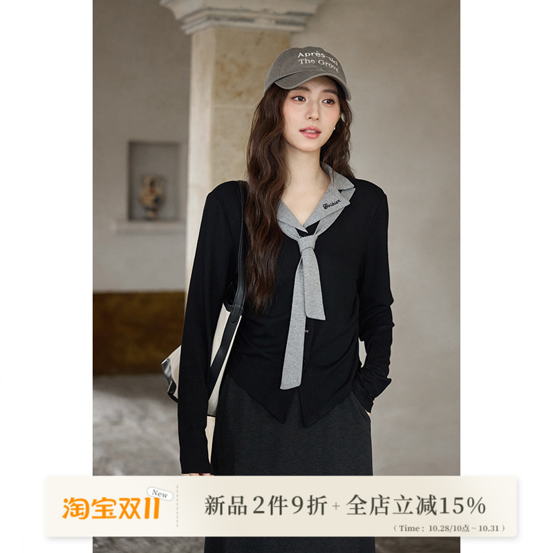 新品2件9折/秋冬韩系气质上衣高级感洋气小众黑色系带长袖t恤女
