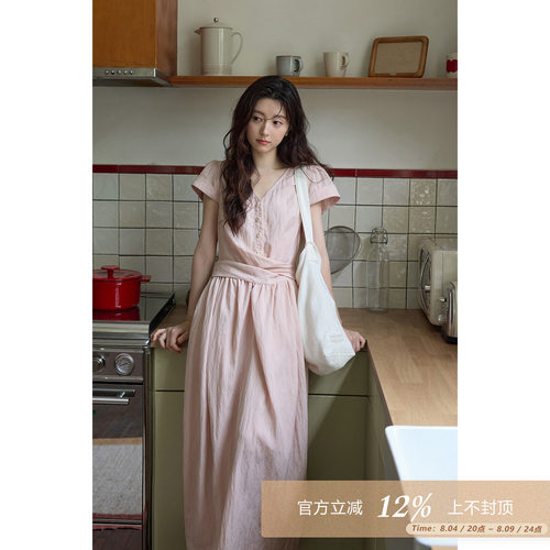 夕蒙韩系天丝裙子女夏季通勤高知穿搭长款粉色正肩v领短袖连衣裙