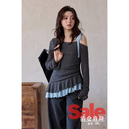 【清仓秒杀】早秋韩系气质减龄上衣别致独特绝美露肩深灰长袖t恤