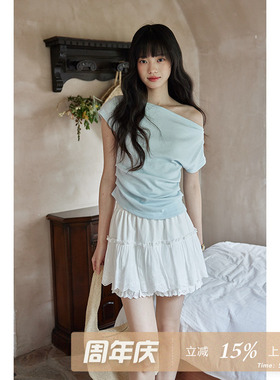夕蒙2026新款夏韩系上衣小众设计感减龄独特气质蓝色斜肩短袖t恤